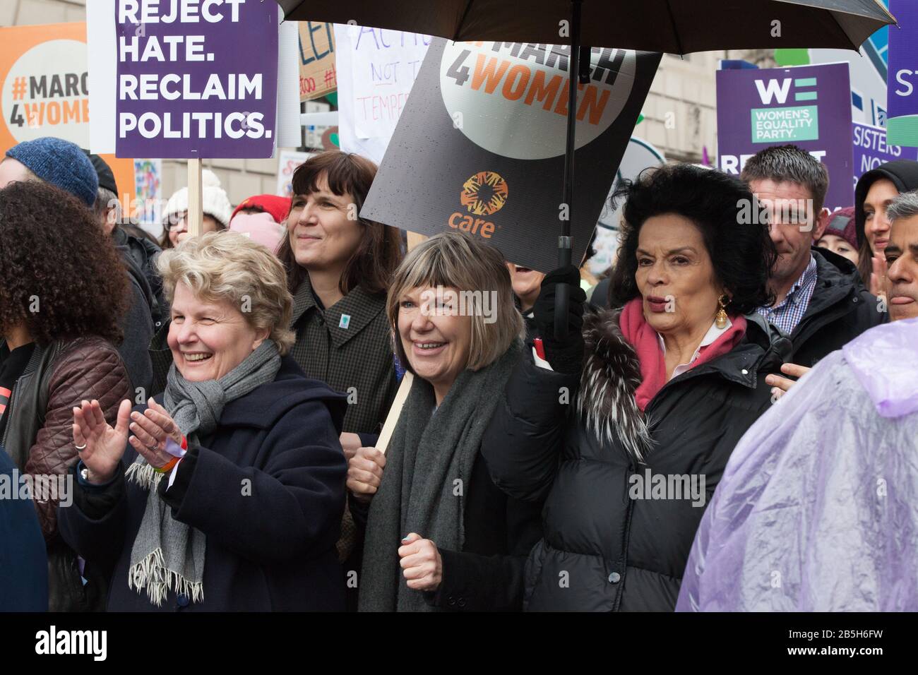 London, UK. 8th Mar 2020. Celebrities, campaigners and politicians joined the March4Women, organised by Care and the Women's Equality Party, to mark International Women's Day.  L-R: Sandi Toksvig, Catherine Mayer, Jude Kelly and Bianca Jagger. Anna Watson/Alamy Live News Stock Photo