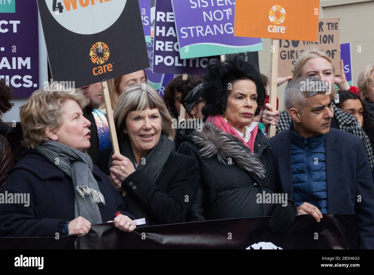 London, UK. 8th Mar 2020. Celebrities, campaigners and politicians joined the March4Women, organised by Care and the Women's Equality Party, to mark International Women's Day. L-R Sandi Toksvig, Jude Kelly, Bianca Jagger and Sadiq Khan. Anna Watson/Alamy Live News Stock Photo