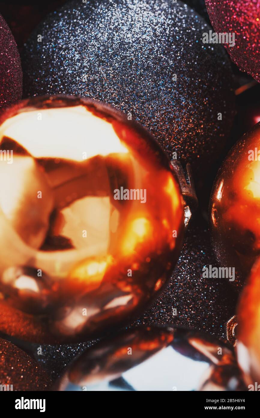 Colorful Christmas balls close up as background. Full screen, New year and Christmas concert Stock Photo
