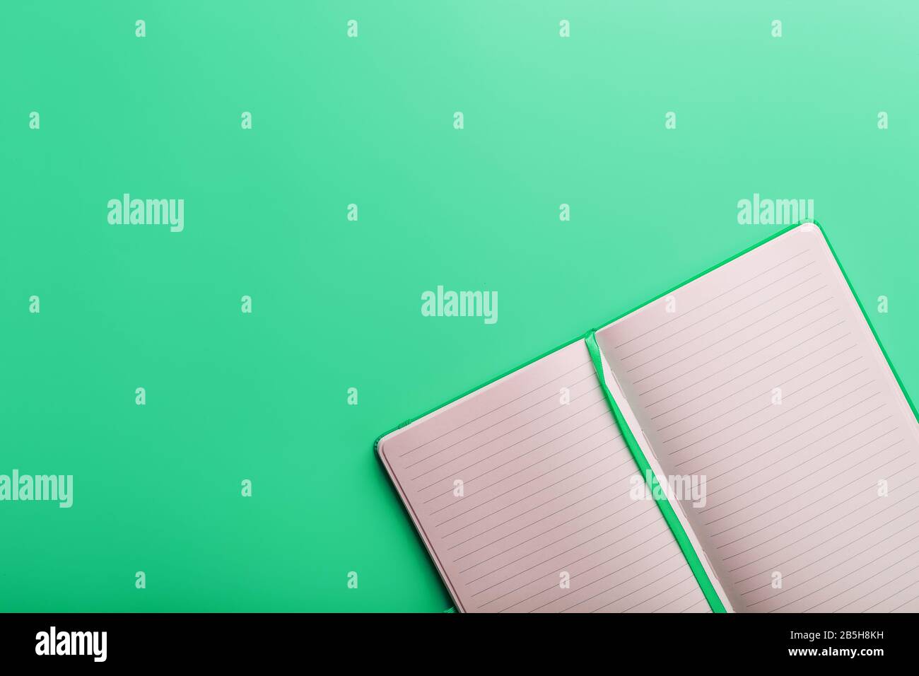 Open notebook, a book with blank and blank pages on a green background, top view. Layout for design, free space Stock Photo