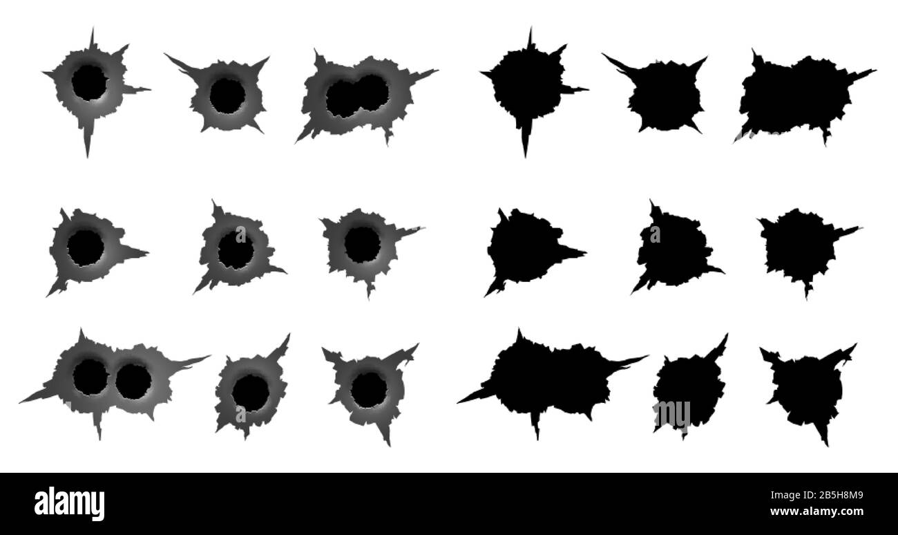 set of bullet holes. different damaged element from bullet on metallic surface. vector illustration Stock Vector