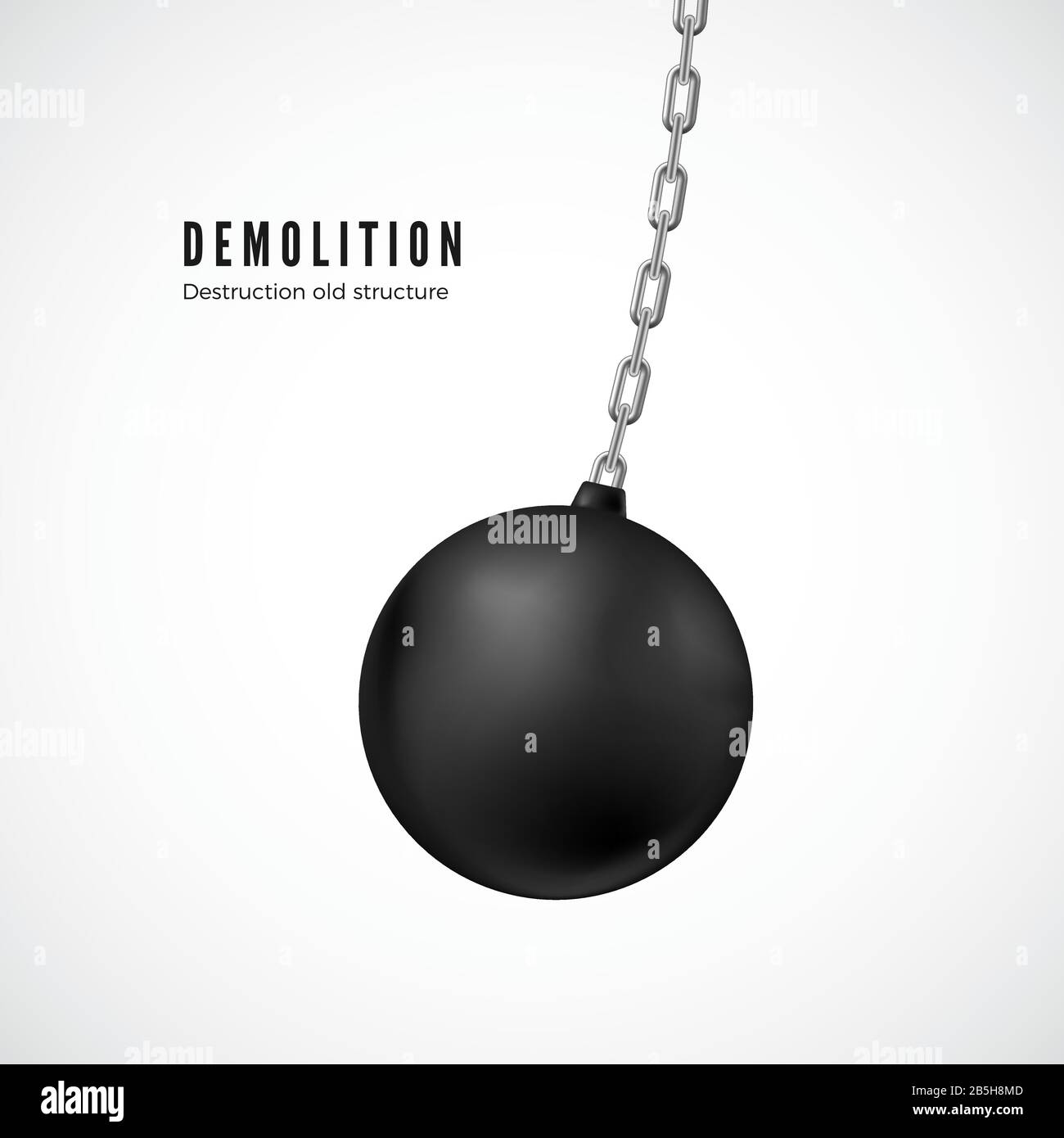 Demolition ball on chain in motion. Heavy black wrecking ball for buildings destruction. Vector Stock Vector