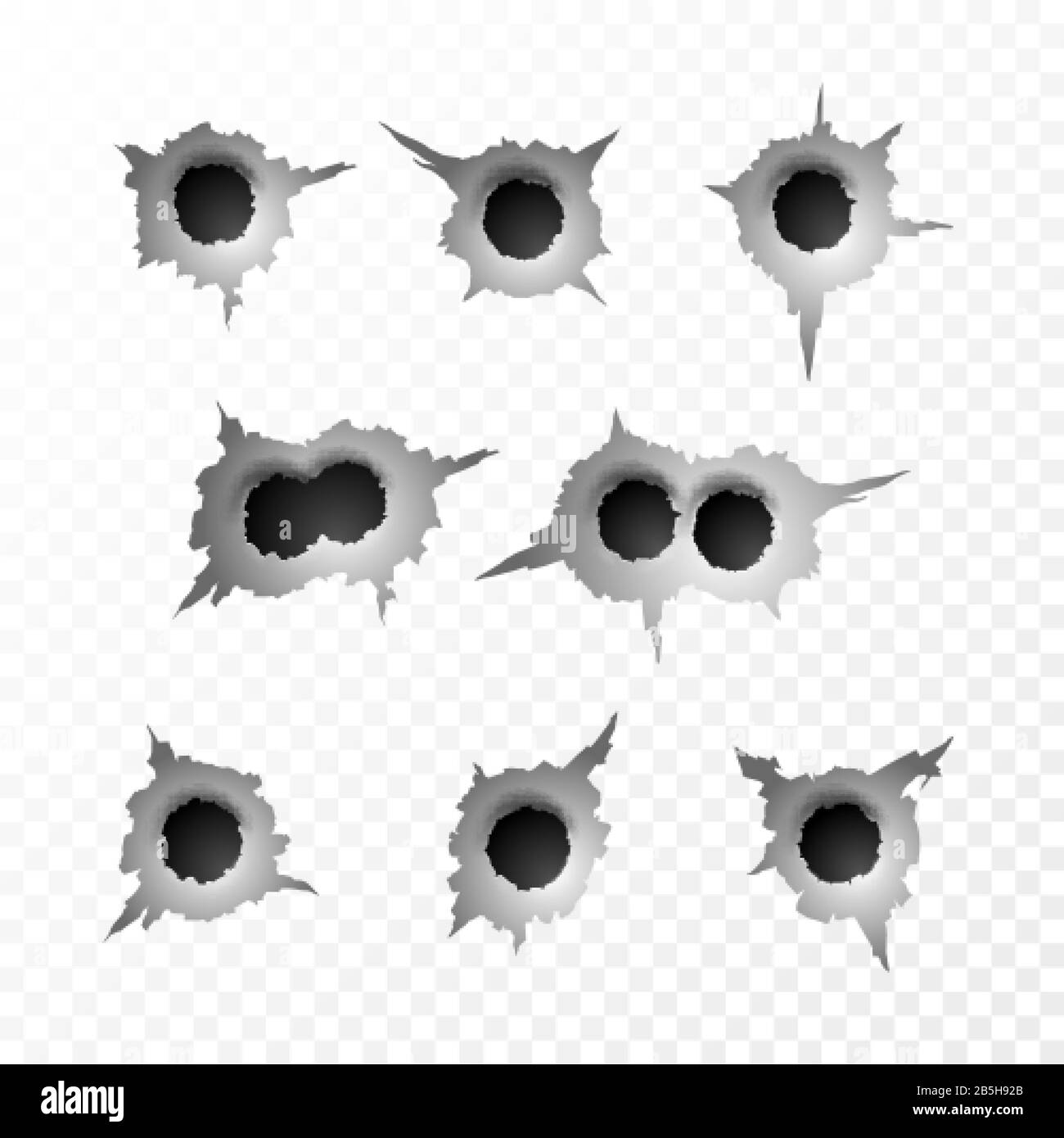Bullet Hole. Torn surface from bullet. Ripped metal on transparent background. Vector illustration Stock Vector