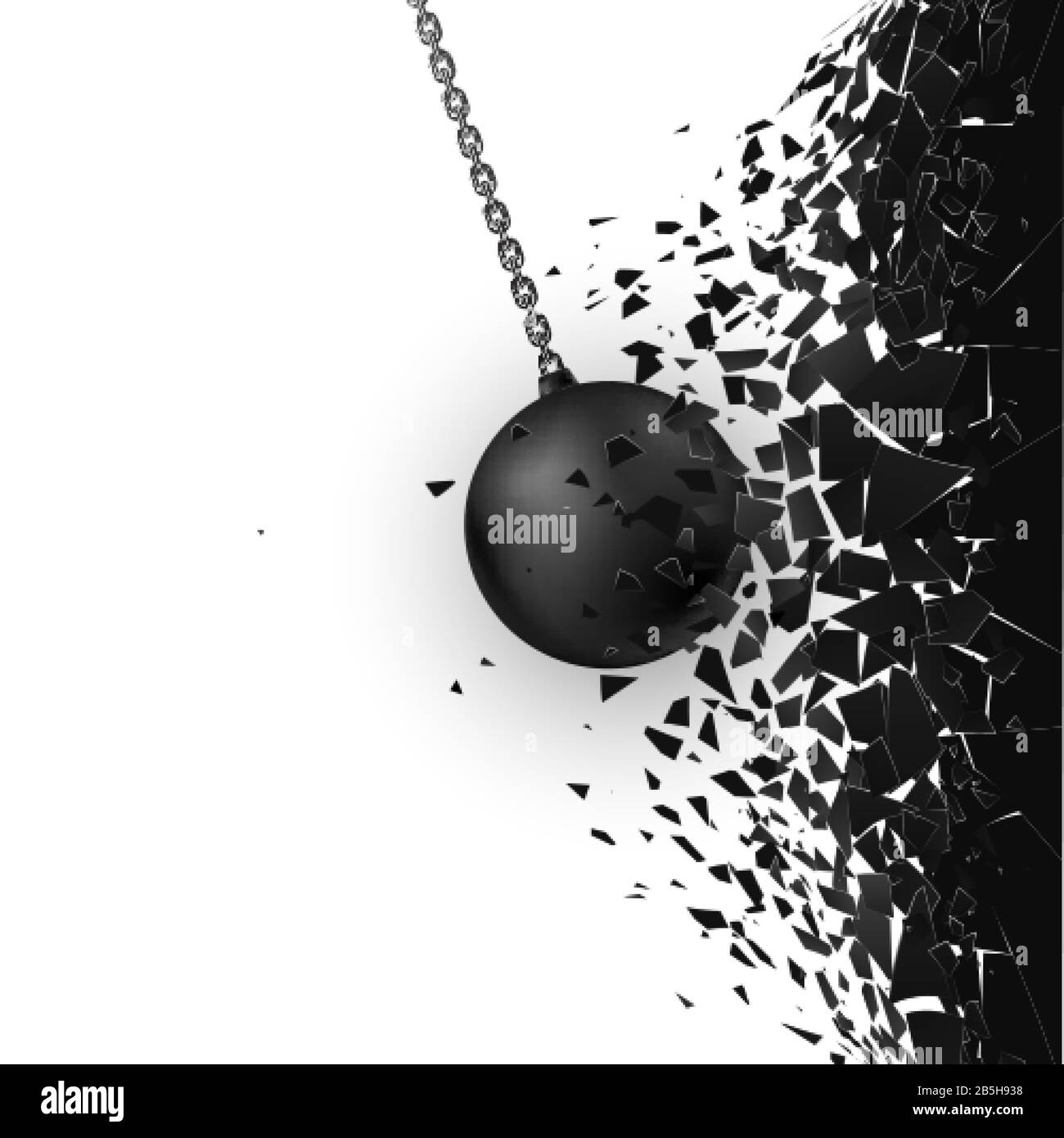 Abstract cloud of pieces and fragments after wall demolition by wrecking ball. Destruction effect. Vector Stock Vector