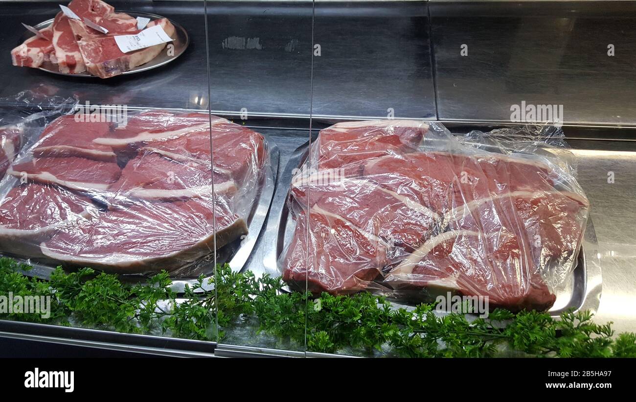 Pretoria, South africa - 08 feb. 2019: Fresh meat from Maders Slaghuis in Pretoria is a Butchery and Museum in the same building. Eat good food and se Stock Photo