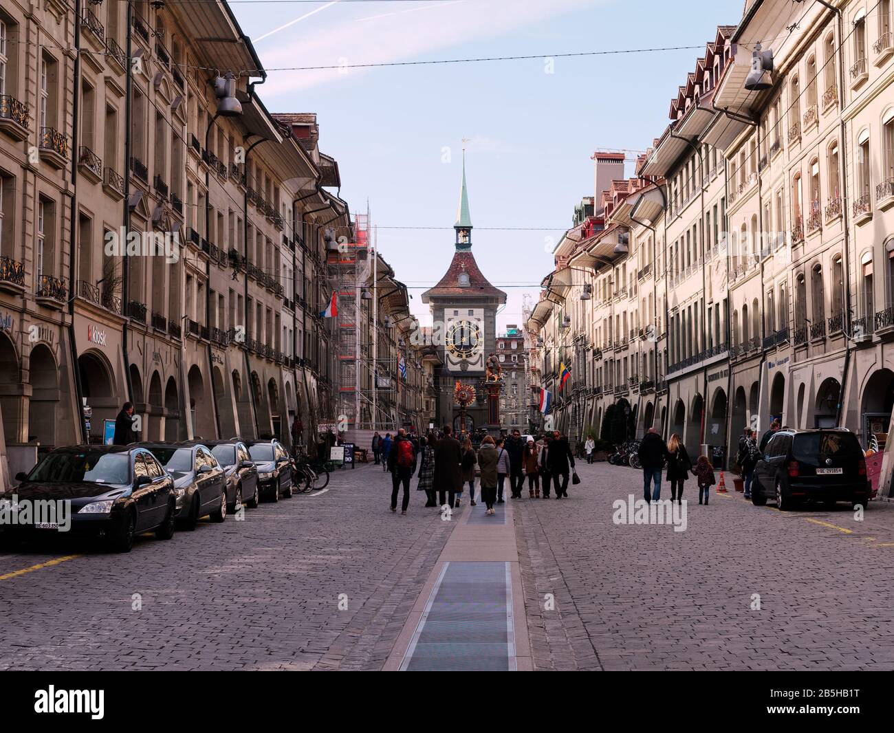 The eastern half of the Kramgasse, looking toward the Zytglogge and the Simsonbrunnen. Stock Photo