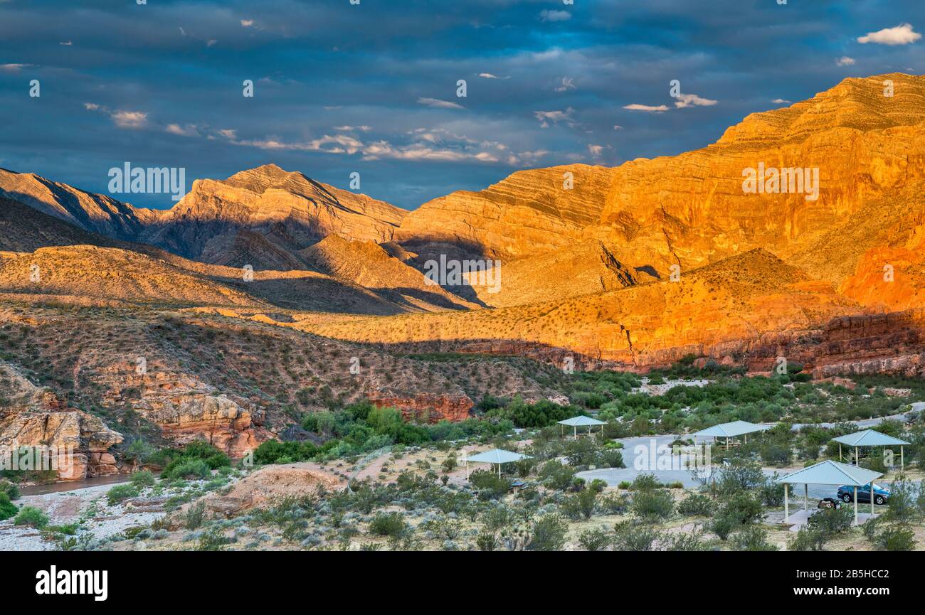Virgin Mountains at sunrise, Virgin River Canyon Recreation Area, Arizona Strip District, Arizona, USA Stock Photo