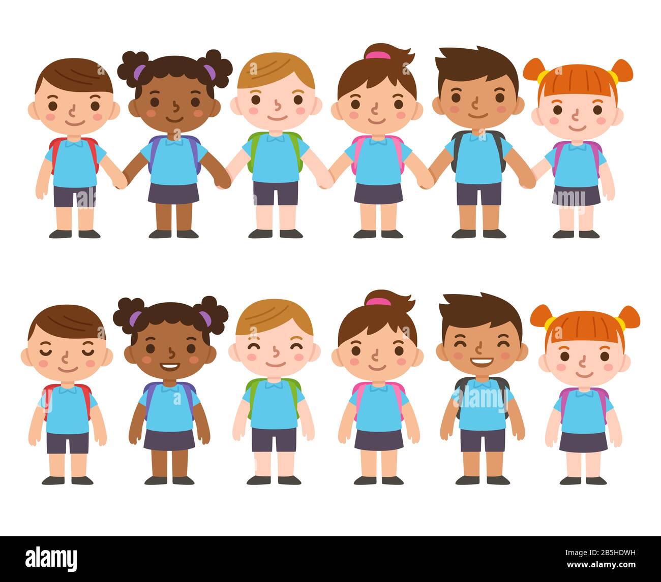 A set of six cute cartoon diverse children wearing school uniform with  backpacks and holding hands. International group of kids, boys and girls  Stock Vector Image & Art - Alamy