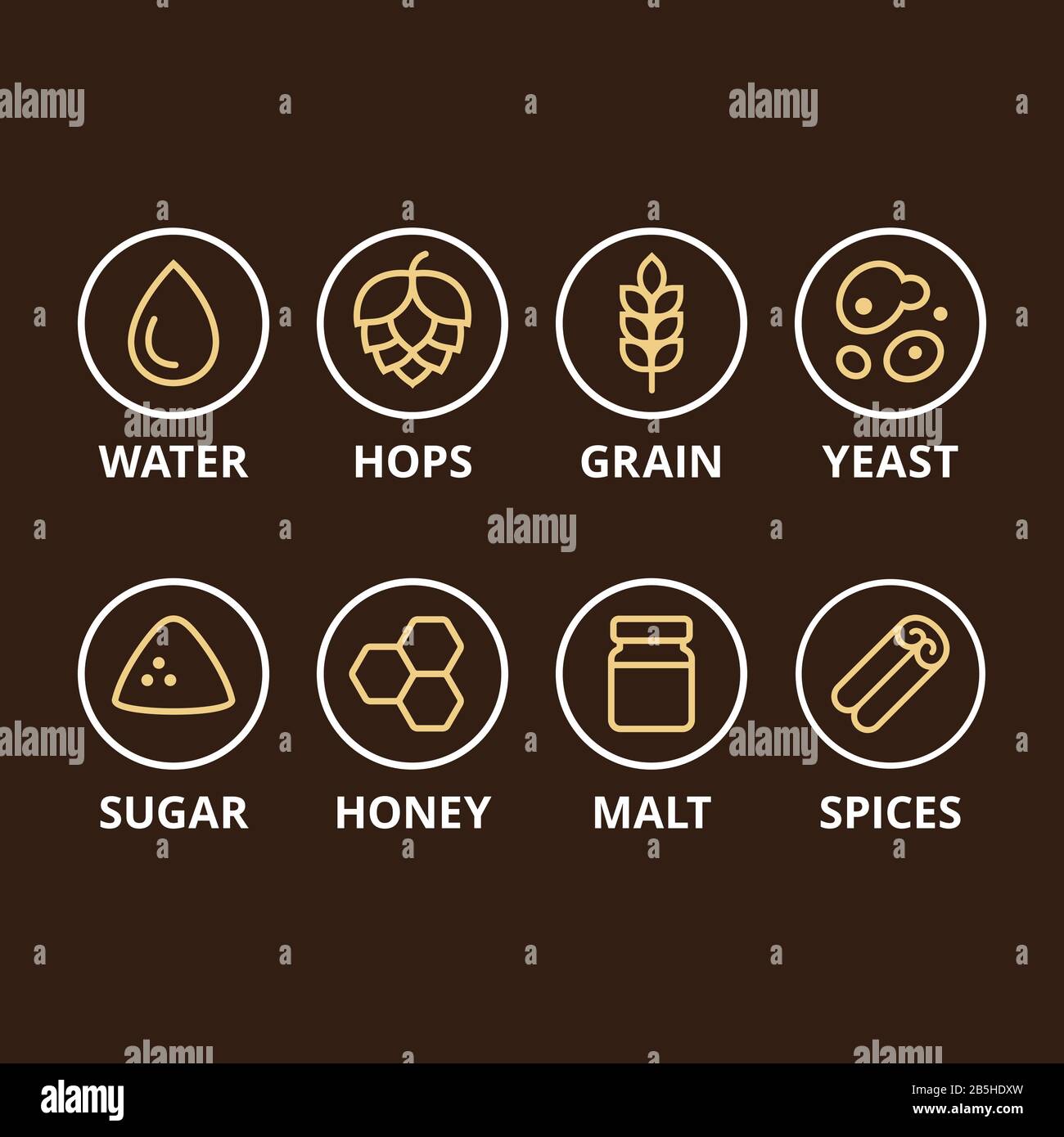 Beer ingredient icons. Basic ingredients like hops, grain and yeast