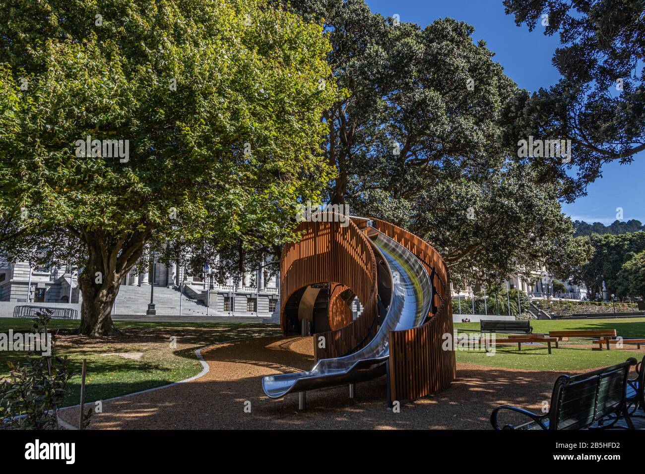 Slide and childrens play area, Parliament grounds, Wellington Stock Photo