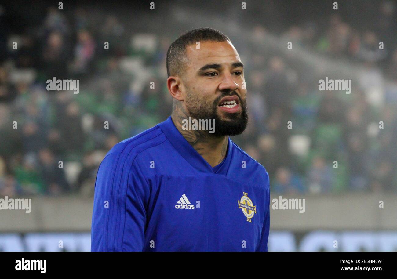 Windsor Park, Belfast, Northern Ireland. 18 November 2018. UEFA Nations League Group B3 - Northern Ireland v Austria. Rotherham striker Kyle Vassell training before the game as part of the Northern Ireland squad. Stock Photo