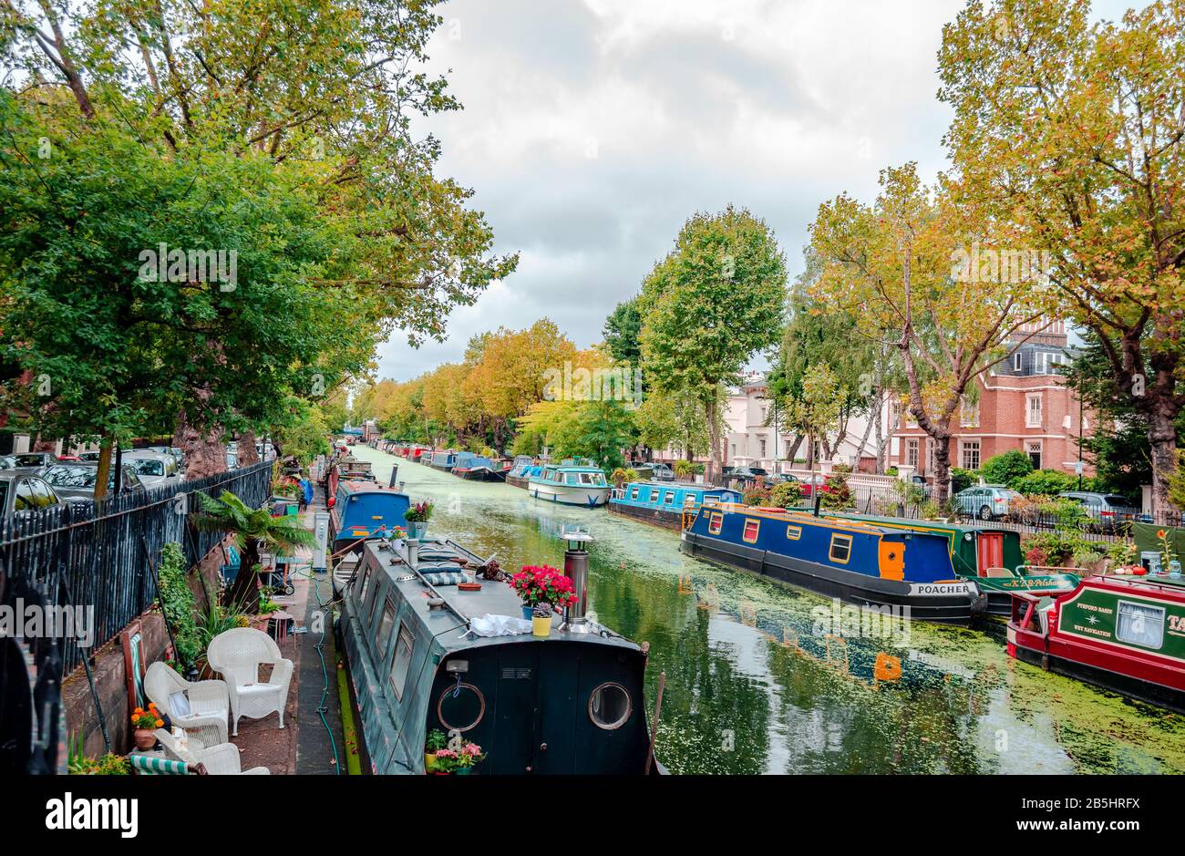 London, UK - September 5 2015: The Grand Union Canal at Little Venice, Maida Vale, Paddington, with narrow boats. Stock Photo