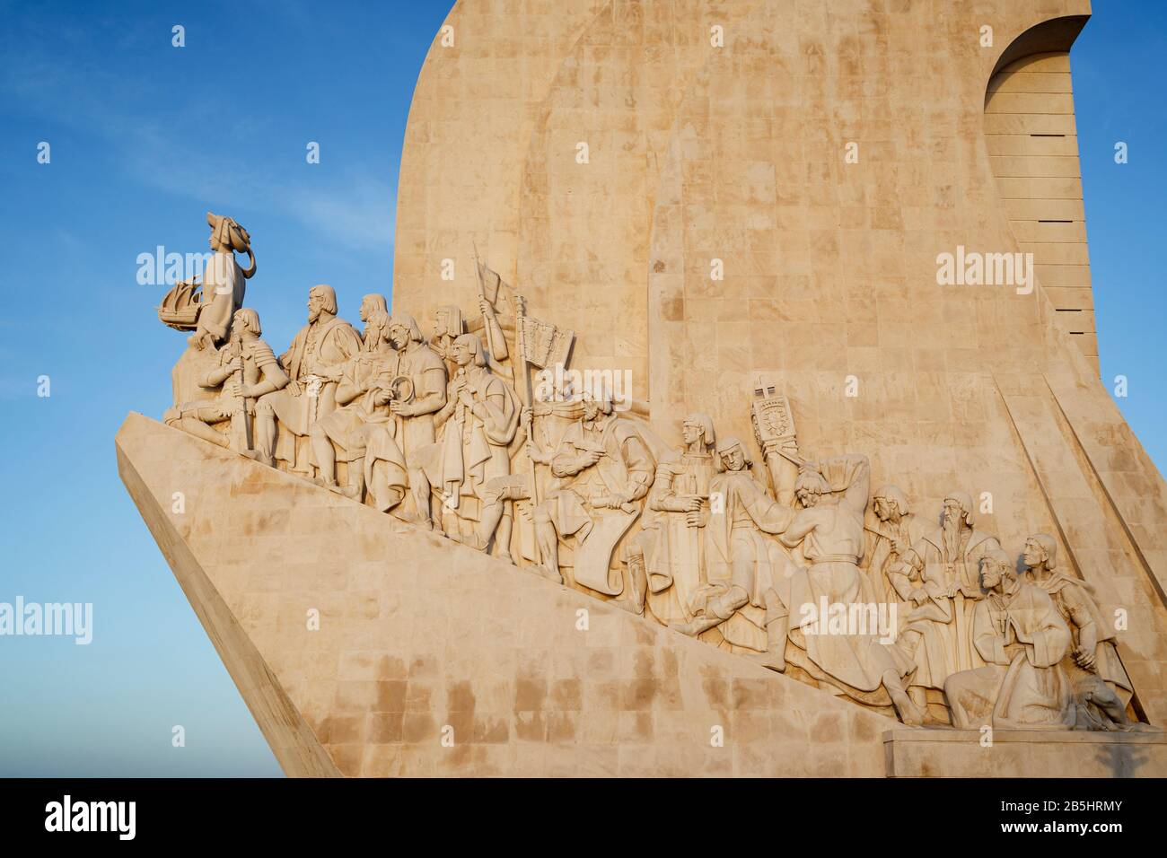 Detail of the Padrao dos Descobrimentos (Monument to the Discoveries) monument in Belem district in Lisbon, Portugal, in the morning. Stock Photo