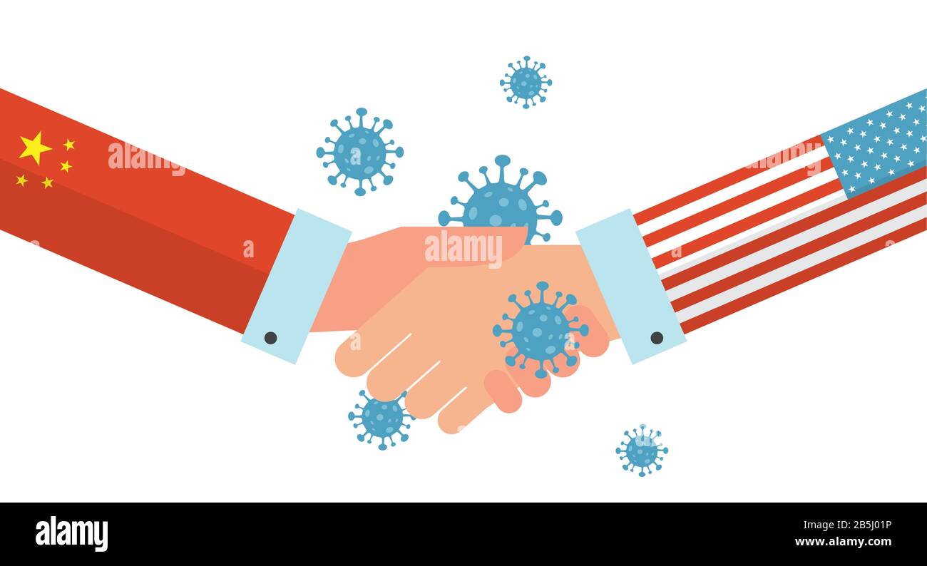 Concept of Icon of Stopping Corona Virus. china and USA shaking hands and finding a solution to STOP caronavirus. Corona Virus . 2019-nCoV. Corona Stock Vector
