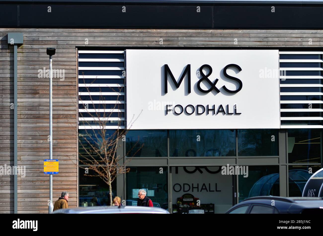Stone / United Kingdom - March 8 2020:  M&S Foodhall sign at supermarket entrance seen in small british town Stone in Staffordshire. Stock Photo