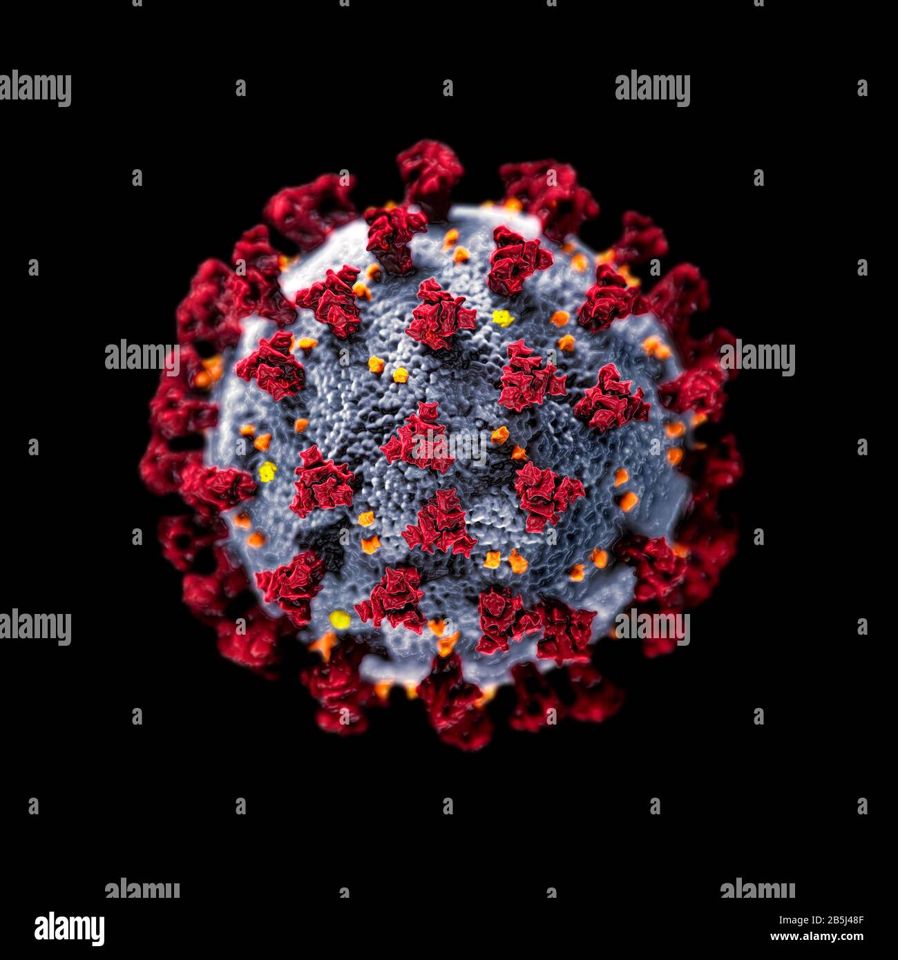 A computer rendering of SARS-CoV-2 virus on black background (Severe Acute Respiratory Syndrome Coronavirus 2) - COVID 19 virion particle. Stock Photo