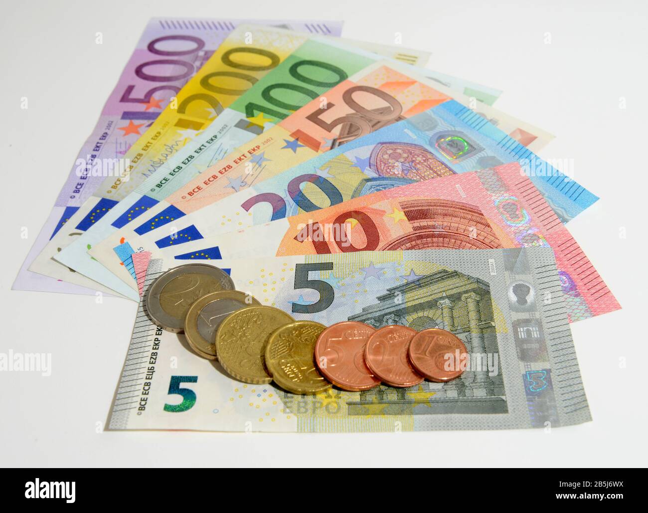 Faecher, Euronoten, Muenzen, Cents Stock Photo