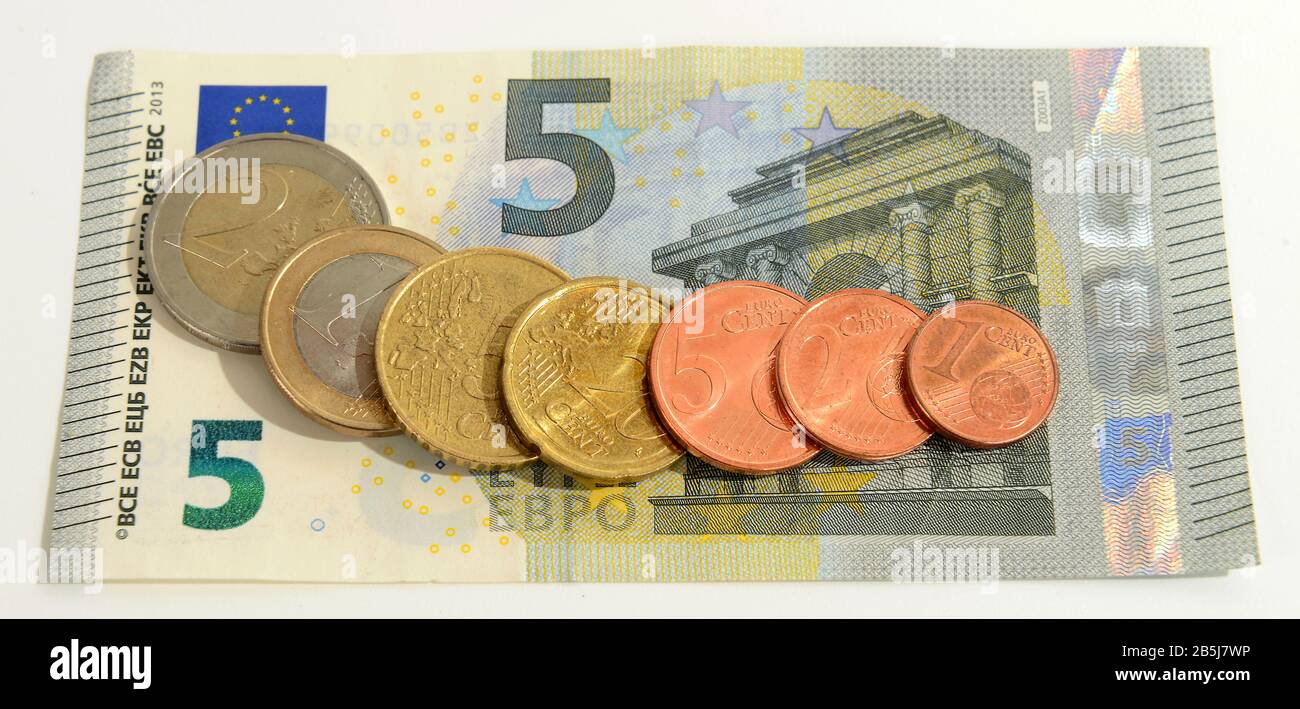 5 Euronote, Muenzen Stock Photo