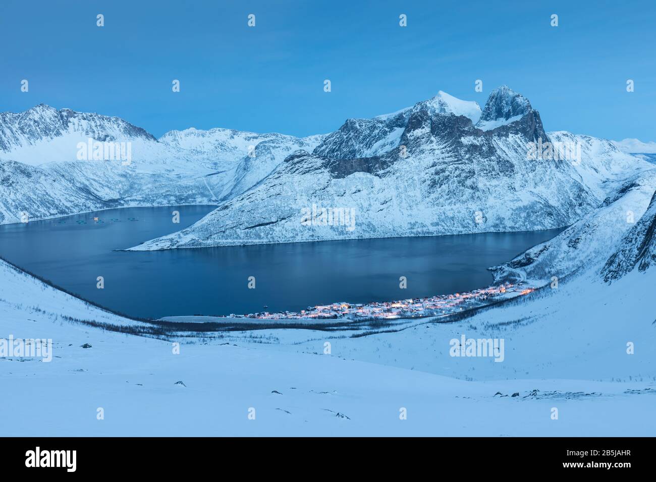 Senja First Panorama of snowy fjords and mountain range, Senja, Norway. Amazing ...