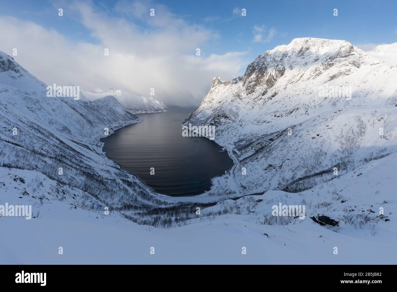 Senja First Panorama of snowy fjords and mountain range, Senja, Norway. Amazing ...