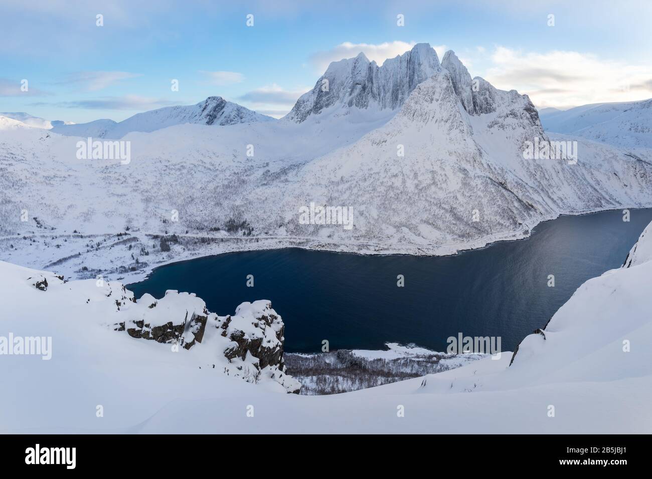 Senja First Panorama of snowy fjords and mountain range, Senja, Norway. Amazing ...