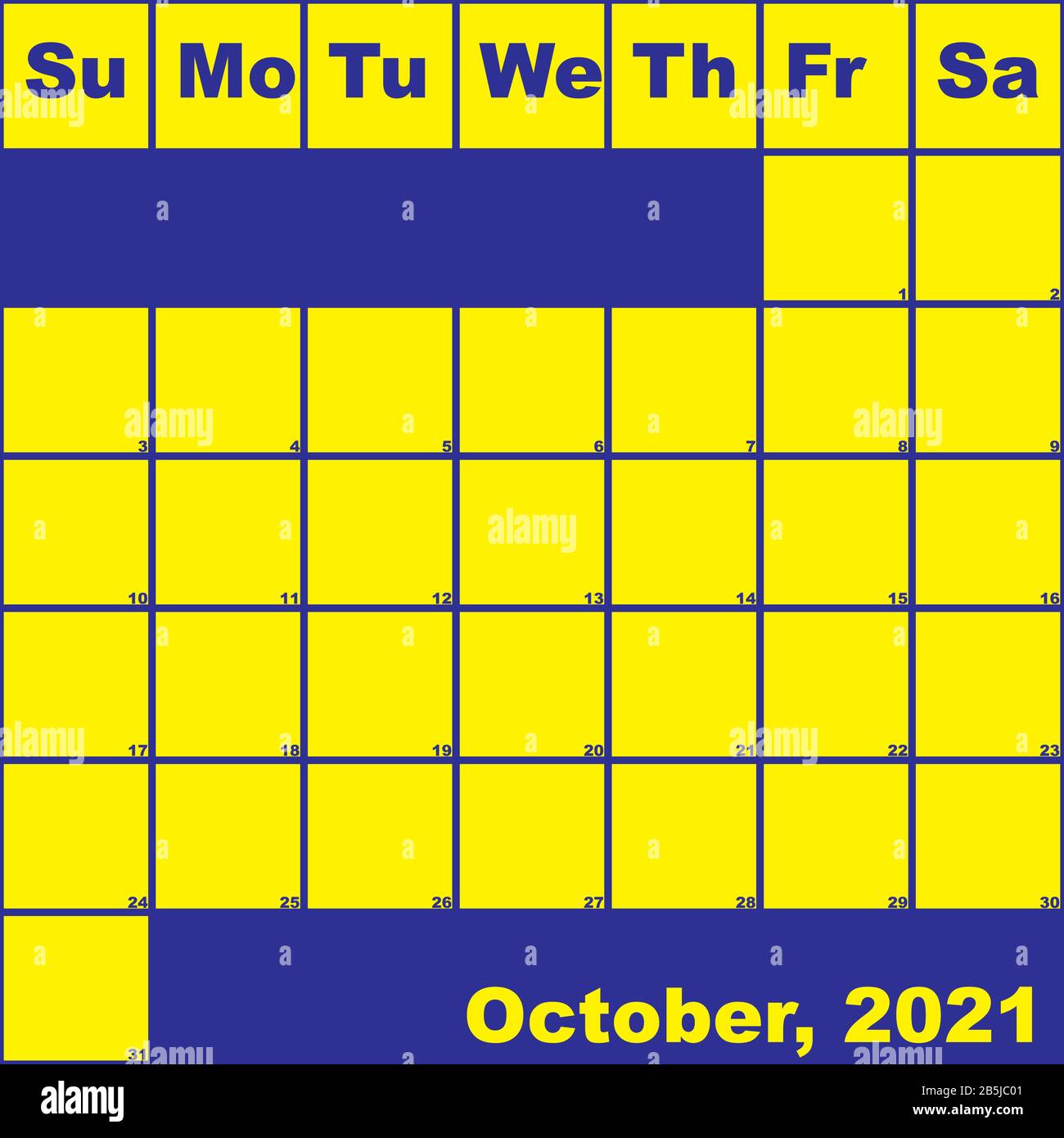 2021 October yellow on blue planner calendar with huge space for notes Stock Vector