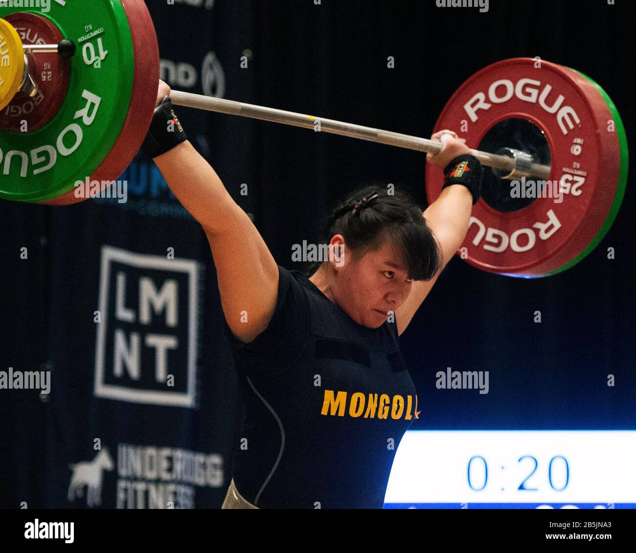 Columbus, Ohio, USA. 8 March, 2020. Ankhtsetseg Munkhjanstan (MGA) snatches 98 kgs. in the 76kg. class at the IWF Rogue World Challenge in the Arnold Sports Festival in Columbus, Ohio,  USA. Columbus, Ohio,  USA. Credit: Brent Clark/Alamy Live News Stock Photo