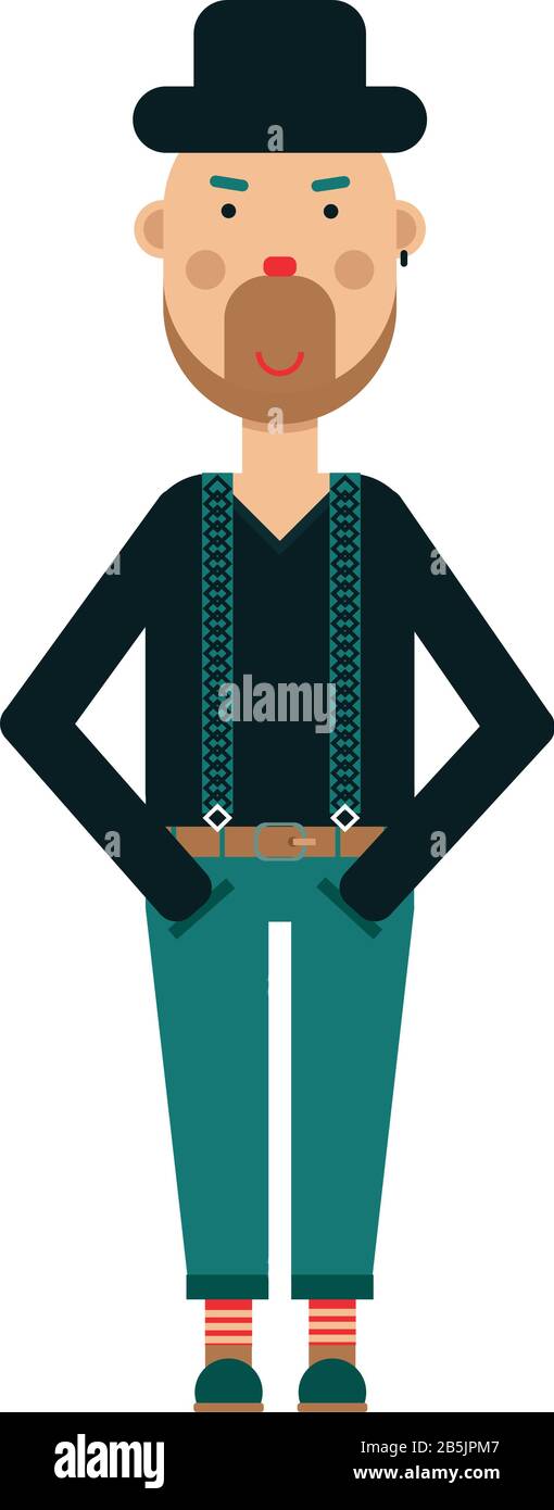 Hipster in pants, sweater and black hat standing with smiling face and looking at camera, vector illustration Stock Vector