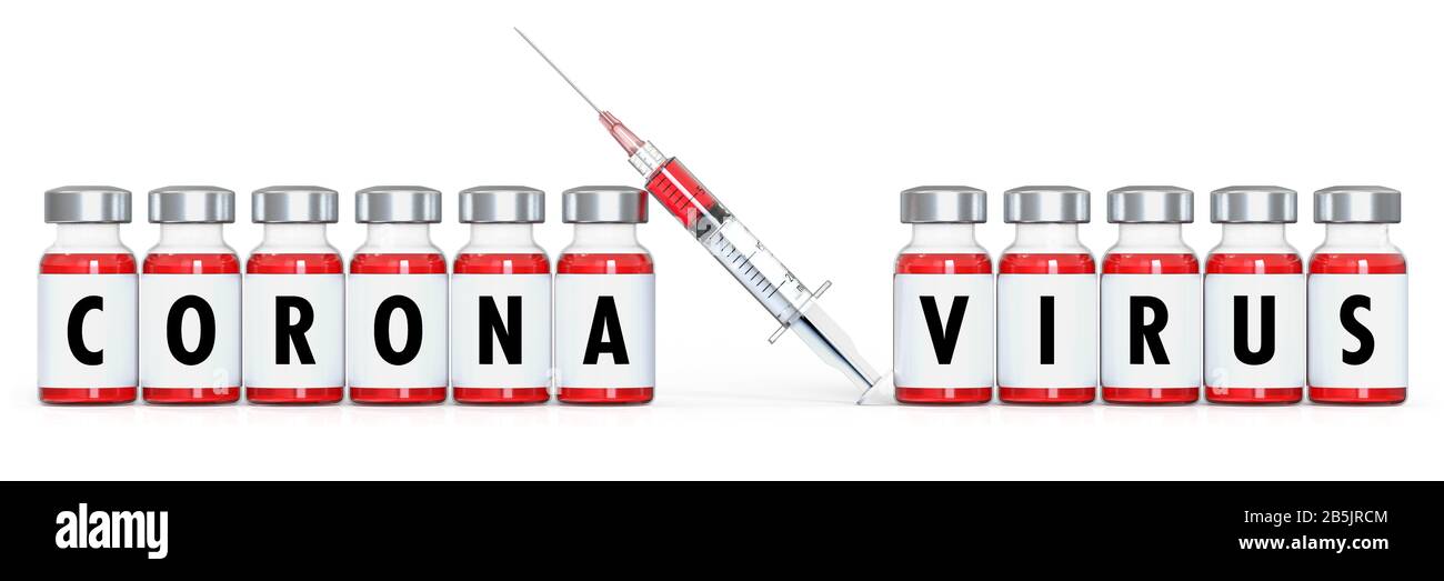 Coronavirus, vaccine with ampoules and syringe, 3D rendering Stock Photo