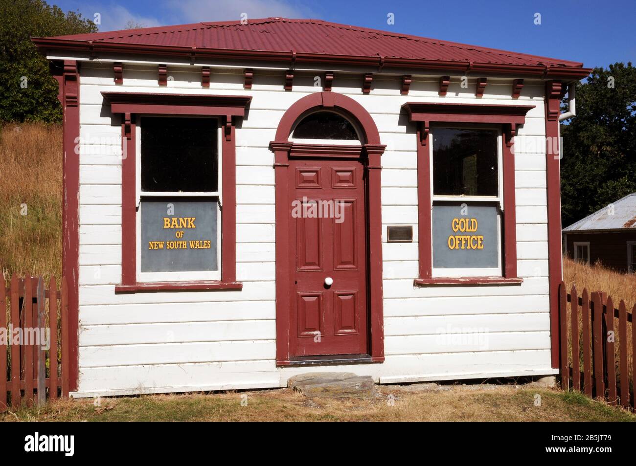 The Bank of New South Wales and Gold Office, a restored building in the historic settlement of St Bathans. The building is a Registered Historic Place Stock Photo
