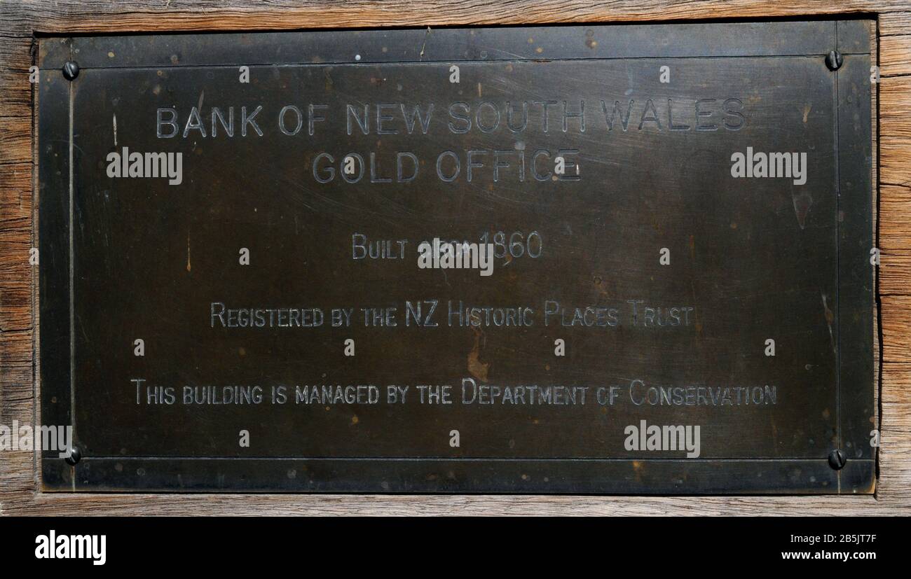 Brass plaque at the front of the Bank of New South Wales and Gold Office, a restored building in the historic settlement of St Bathans. Stock Photo