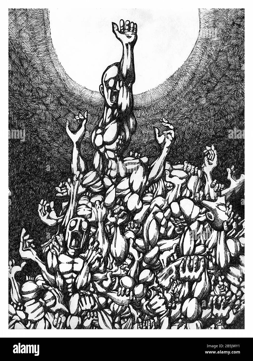 Ink Drawing (Hatch Work) of Crowd Trying to get Freedom in a Textured Unique Style. Artistic Manual Illustration. Pain, Agony, Depression, Anxiety. Stock Photo