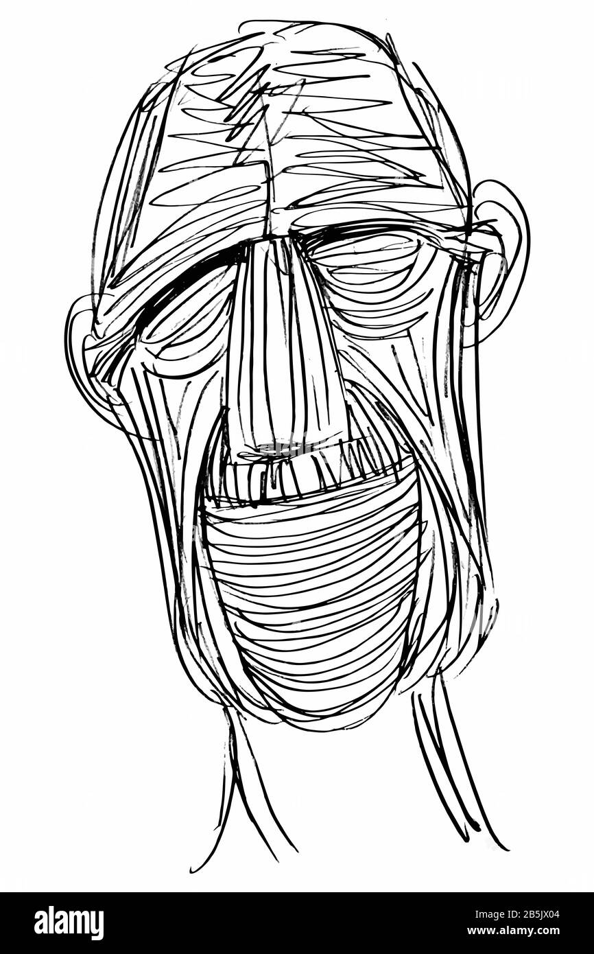 Ink Drawing (Sketch, Hatch Work) of an Expressive Face (Old Man) in a Textured Unique Style. Artistic Manual Illustration. Stock Photo