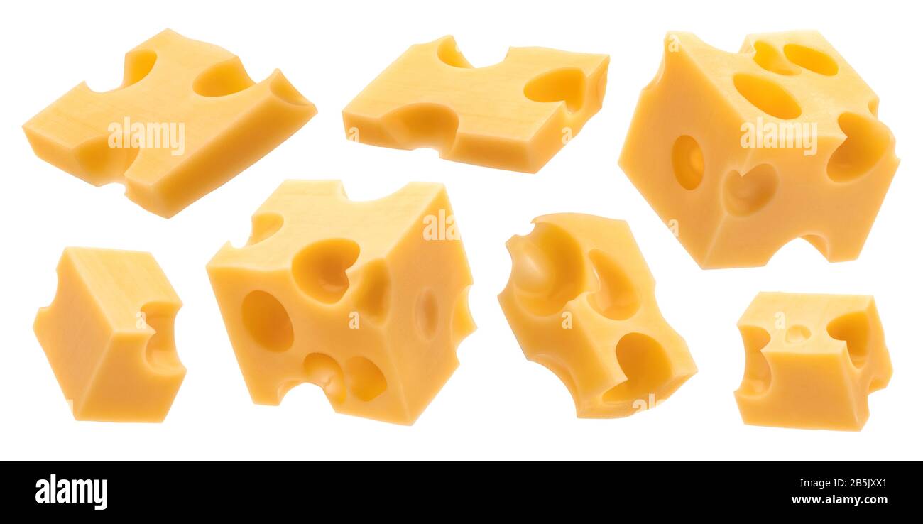 Cheese cubes, pieces of swiss emmental isolated on white background Stock Photo