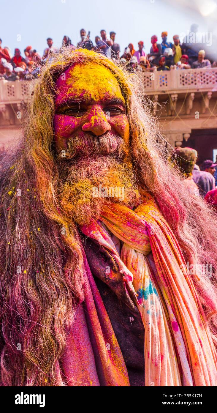 Mathura holi festival. people celebrating holi with colors. Stock Photo