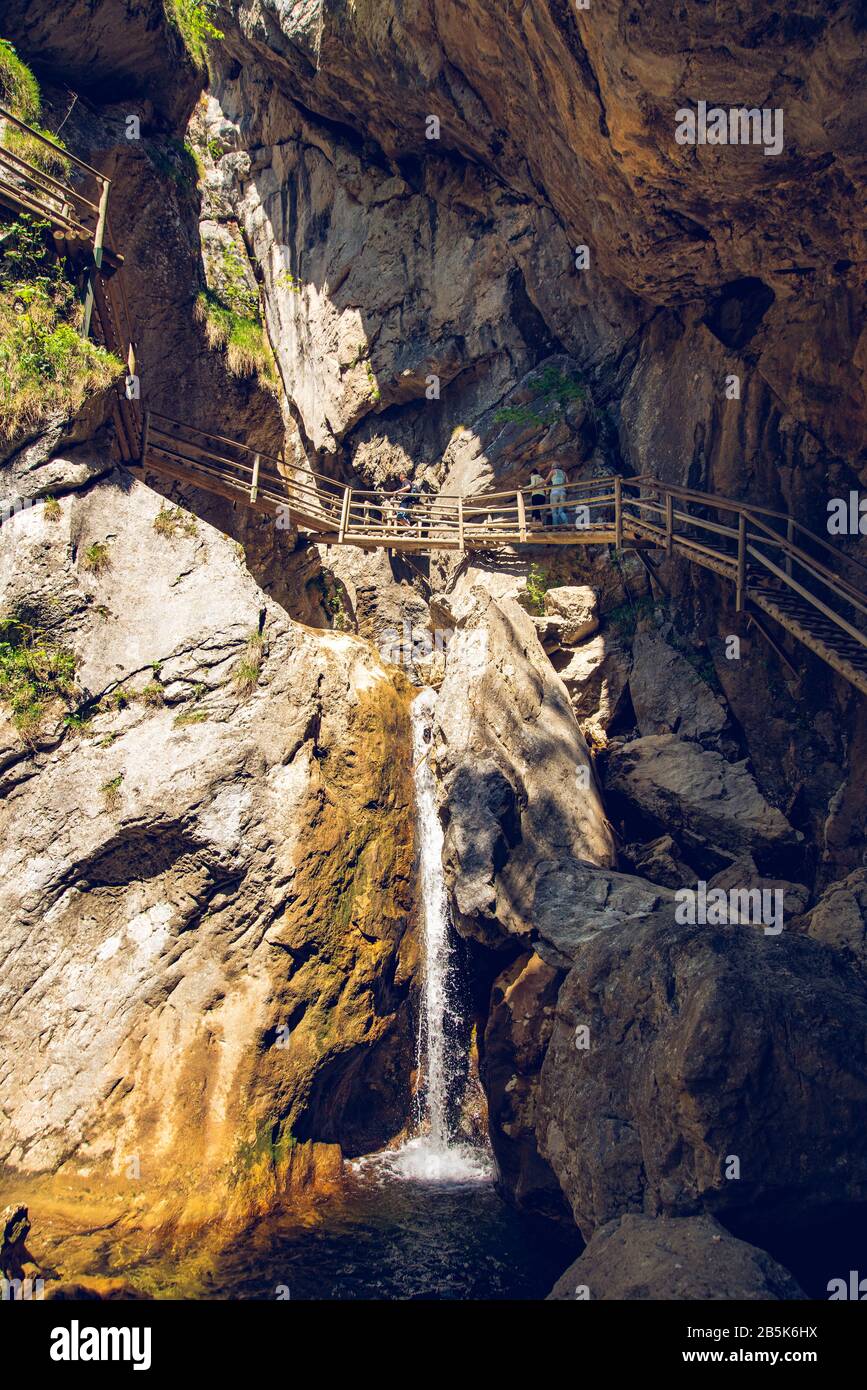 View at waterfall path along mountain stream. Tourist spot. Travel destination Stock Photo