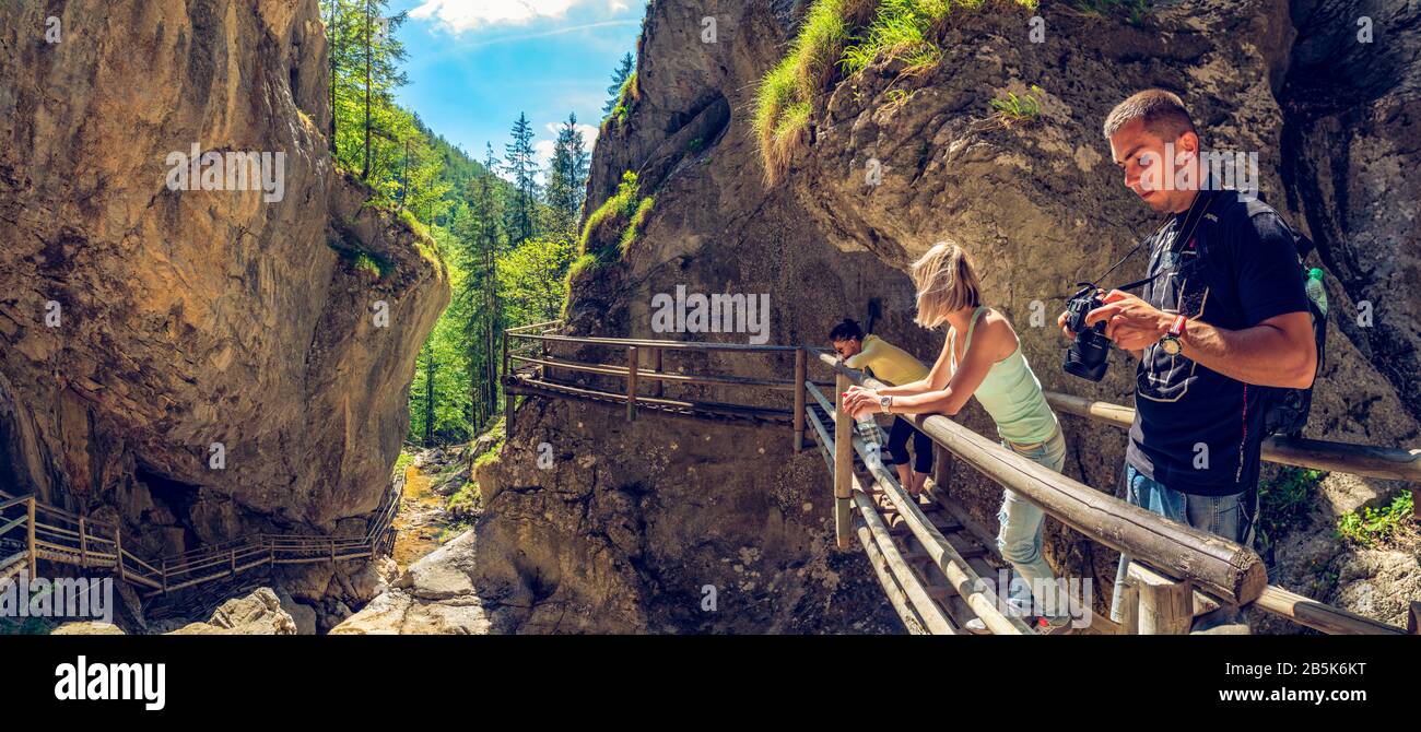 View at waterfall path along mountain stream. Tourist spot. Travel destination Stock Photo