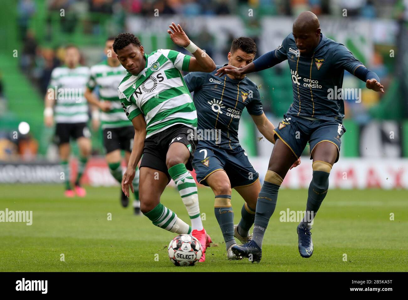 Lisbon, Portugal. 8th Mar, 2020. Gonzalo Plata of Sporting CP (L) vies with Ruben Oliveira of CD Aves (C ) and Luiz Fernando during the Portuguese League football match between Sporting CP and CD Aves at Jose Alvalade stadium in Lisbon, Portugal on March 8, 2020. Credit: Pedro Fiuza/ZUMA Wire/Alamy Live News Stock Photo