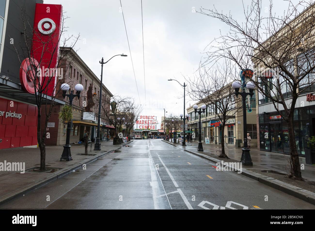 Pike Street remains quiet on Sunday, March 8. 2020. As the epicenter of the coronavirus outbreak in the U.S., Seattle area business struggle while work and travel restrictions continue to impact the local economy. Stock Photo