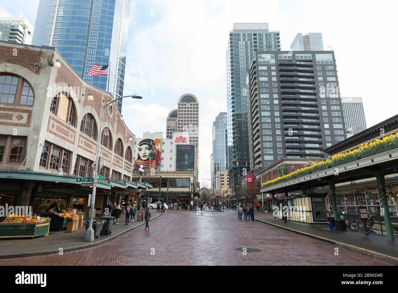 Pike Street remains quiet on Sunday, March 8. 2020. As the epicenter of the coronavirus outbreak in the U.S., Seattle area business struggle while work and travel restrictions continue to impact the local economy. Stock Photo