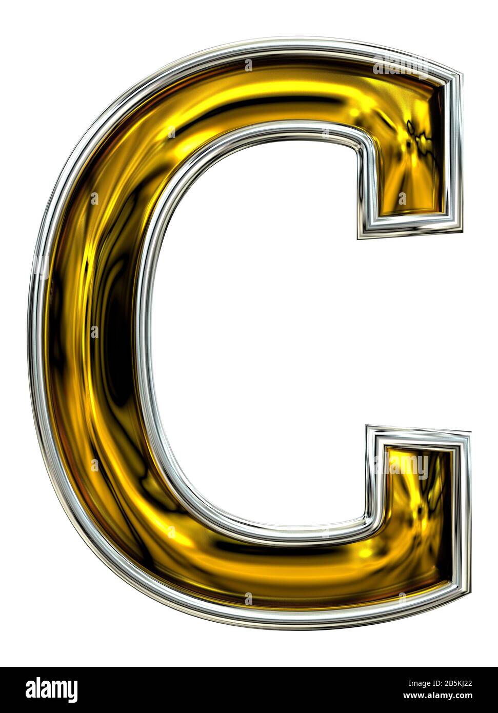3D rendering. Uppercase Letter C. Cool Door number style font. Embossed metal graphic. Clean high resolution ABC render.  Silver rimmed. Isolated on w Stock Photo