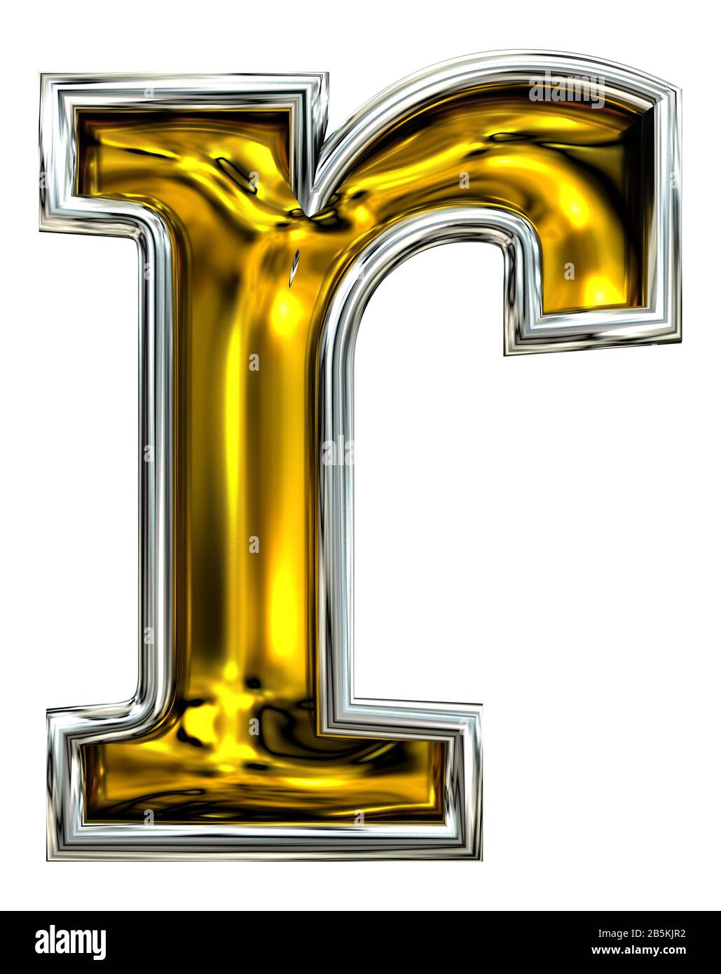 3D rendering. Lowercase Letter r. Fresh high resolution ABC render.  Pure Door number style font. Embossed metal graphic. Silver rimmed. Isolated on w Stock Photo