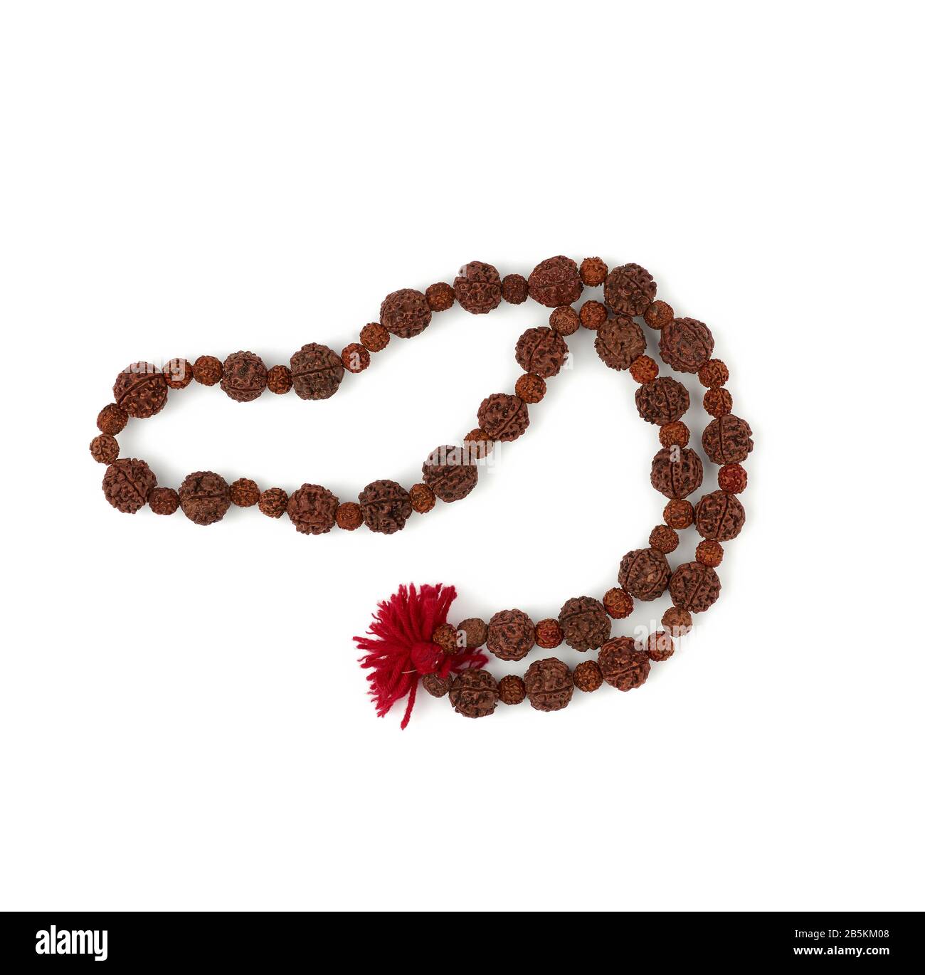 Rudraksha prayer beads for meditation isolated on white background, top