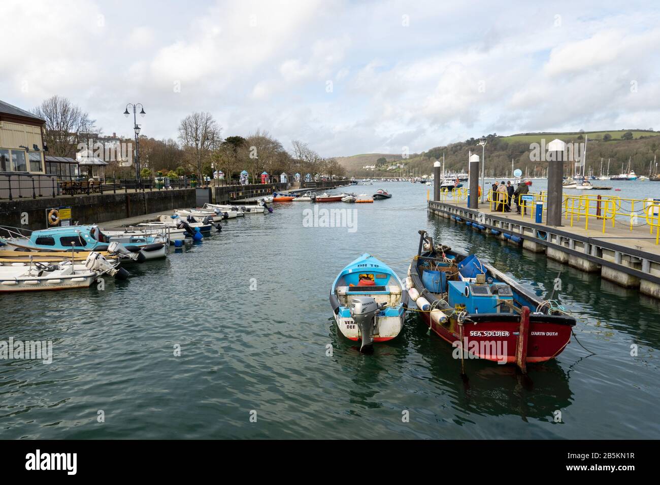 Moored boats on the River Dart at Dartmouth Stock Photo