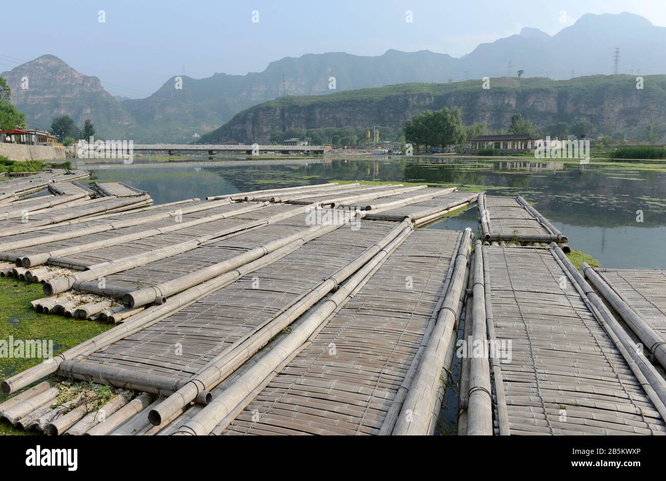 Bamboo rafts for rent by tourists and visitors at Yesanpo in Hebei province, China Stock Photo