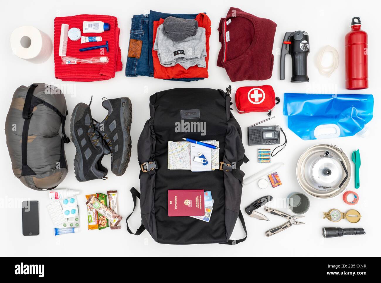 Emergency luggage, survival equipment for emergencies, according to the proposals of the Federal Office for Civil Protection and Disaster Assistance, Stock Photo