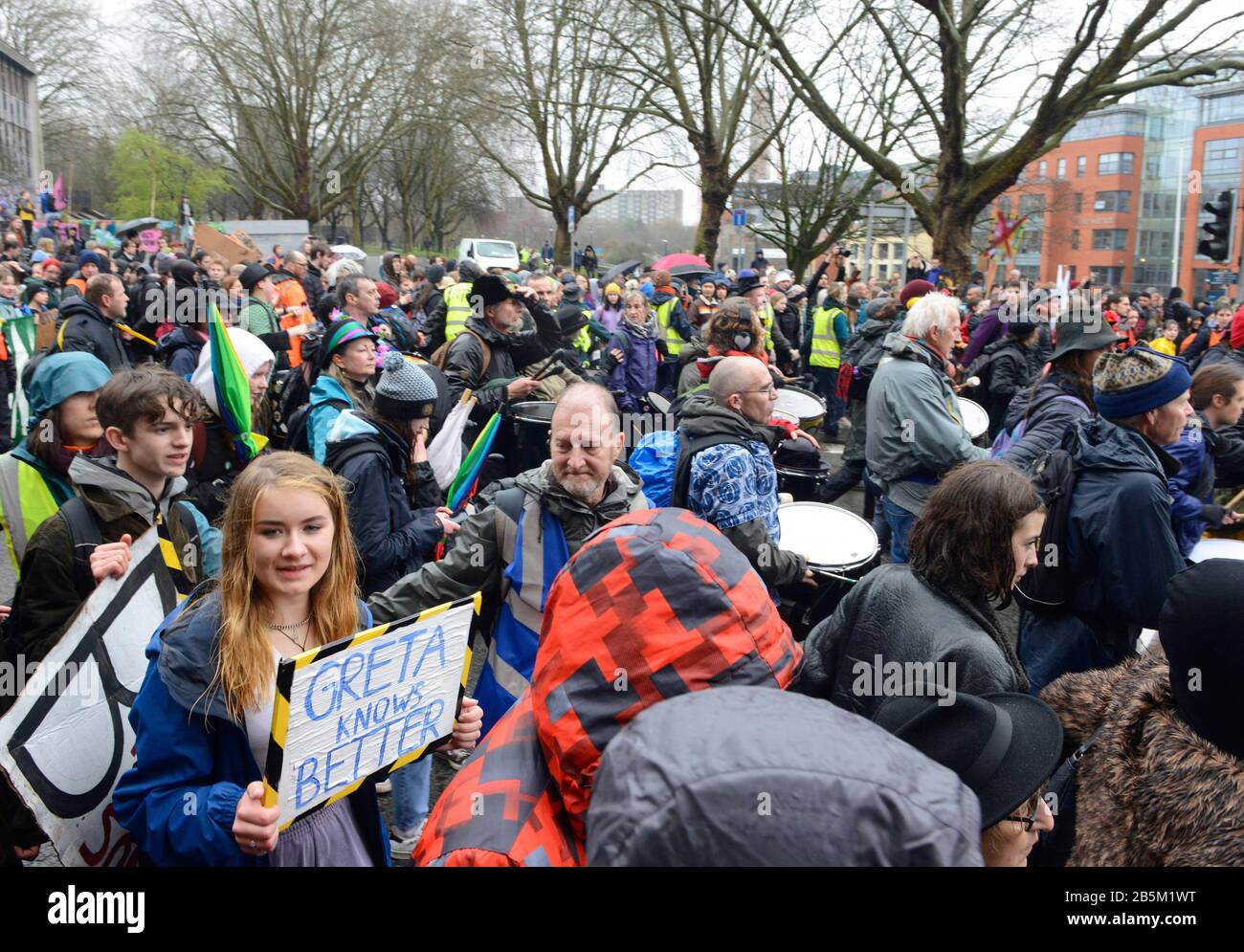 Many supporters march on the Greta Thunberg-led 80th Friday for Future School Strike for the Climate in Bristol, UK, on 28th February 2020 Stock Photo