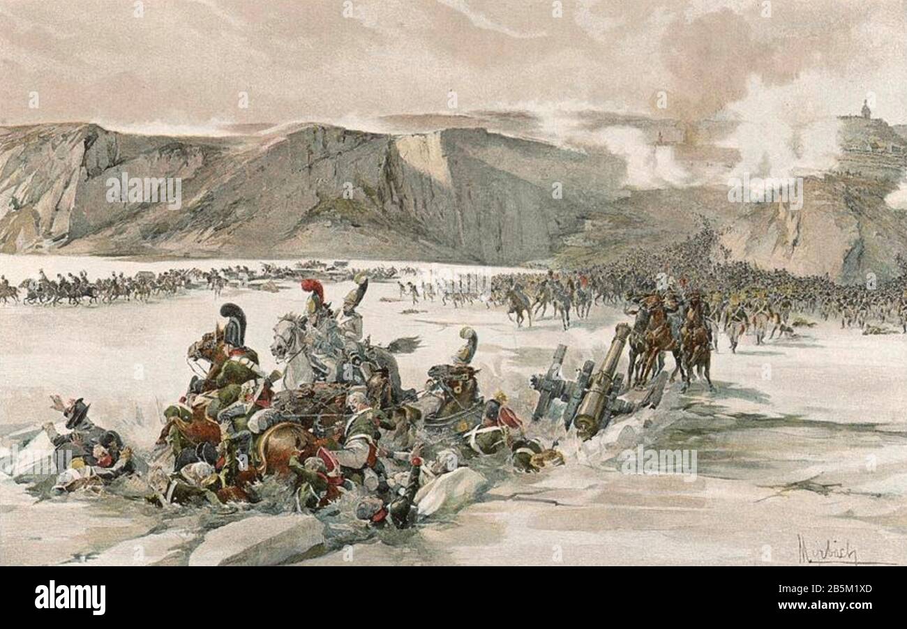 BATTLE OF AUSTERLITZ 2 December 1805. Russian forces withdraw south towards Vienna and attempt to cross the frozen Satschan ponds under French fire. Stock Photo