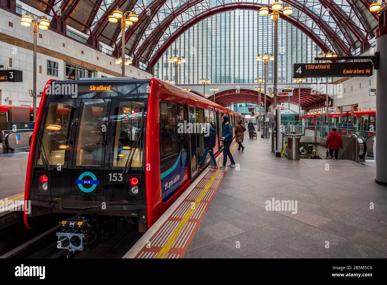 DLR Train at Canary Wharf Docklands Light Railway station. Stock Photo