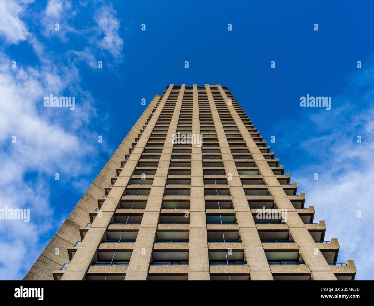 Shakespeare Tower Barbican London, residential tower 42 Storeys, completed 1976. Architects Chamberlin, Powell and Bon.  Brutalist Style Architecture. Stock Photo